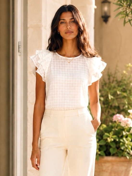 Nation LTD Tops - Nation LTD NWOT White Ruffle Sleeve Sheer Plaid Blouse, Size S